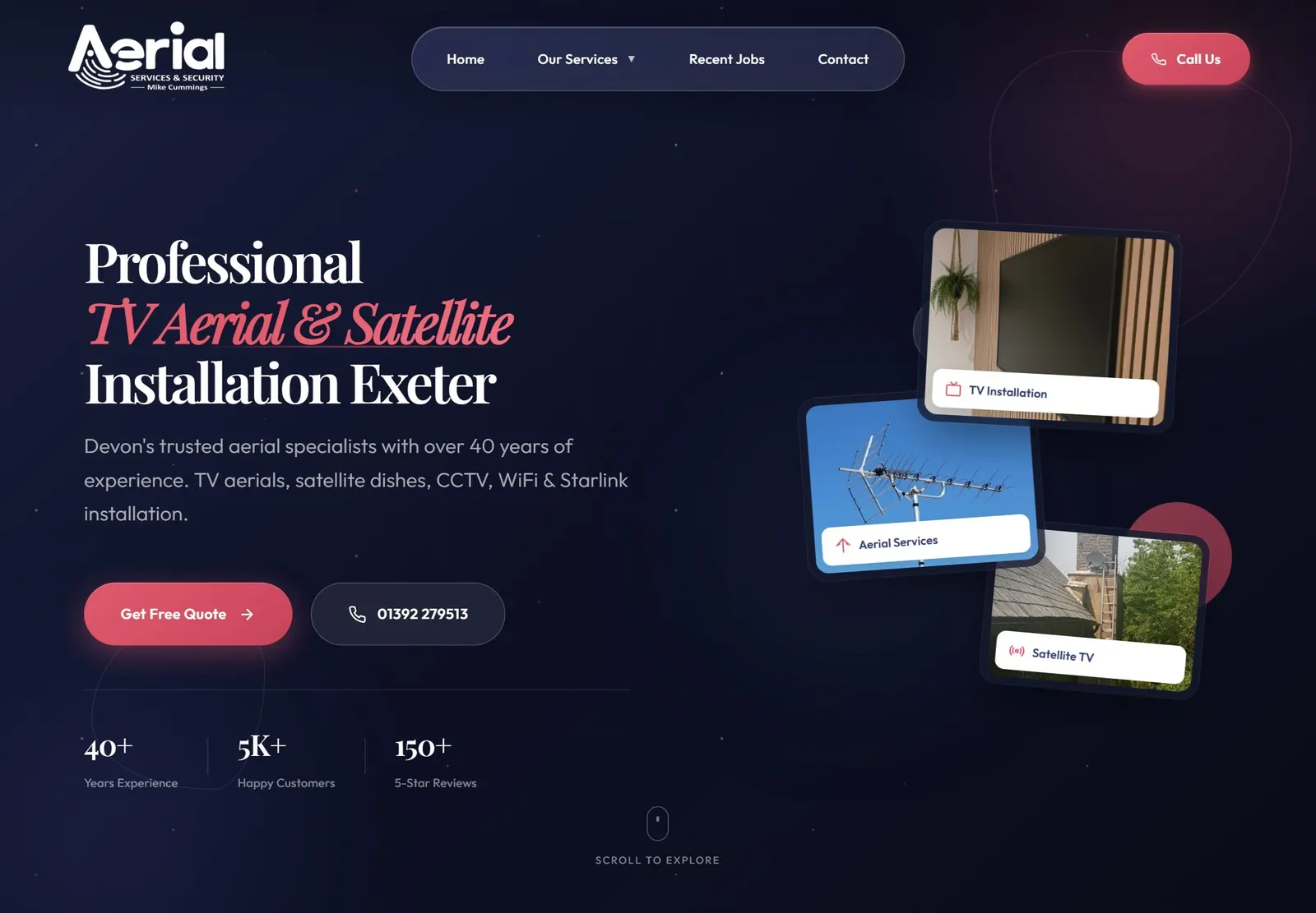 Aerial Services Devon website homepage — TV aerial and satellite installation in Exeter with free quote button and phone number