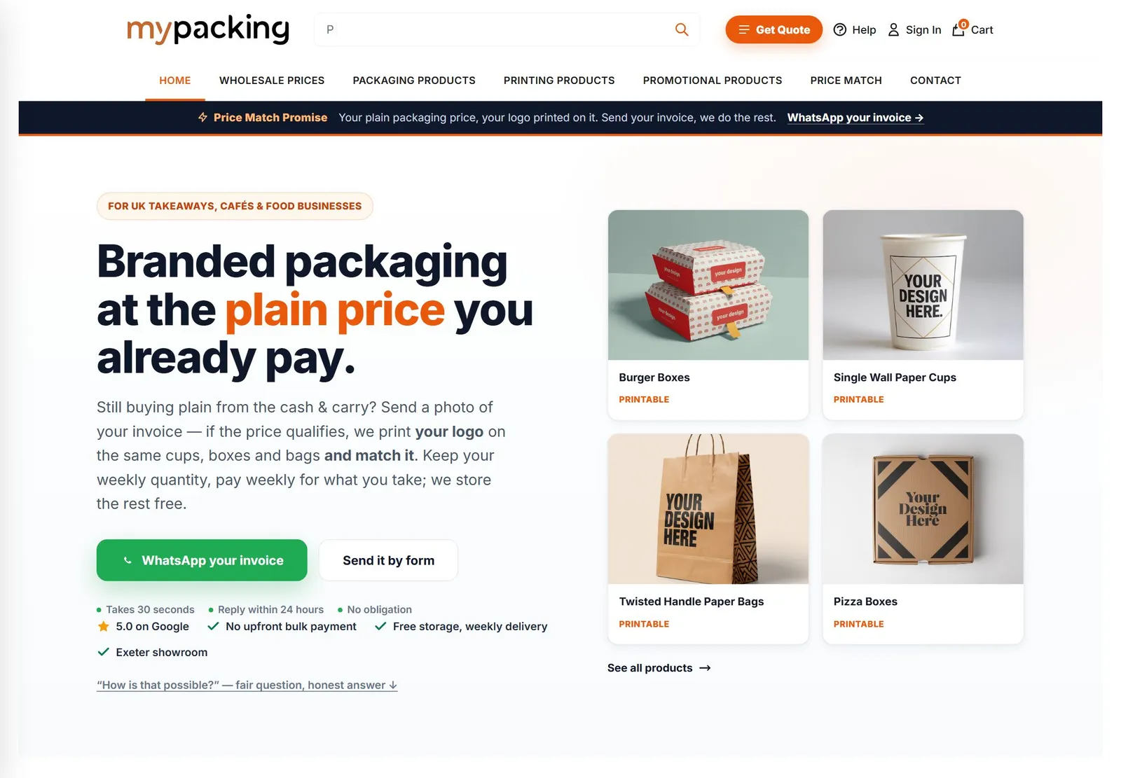MyPacking website homepage — branded packaging supplier for UK takeaways and cafés with WhatsApp quote flow